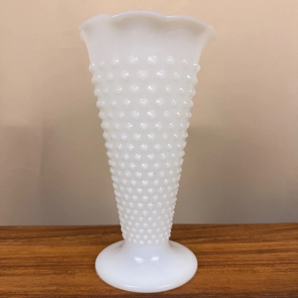 Anchor Hocking Milk Glass Hobnail Vase Ruffled Rim Vintage White Decor 9 Inch